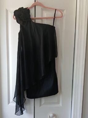Cache Black One-Shoulder Chiffon Dress with Floral Shoulder Detail Y2k Sz 6